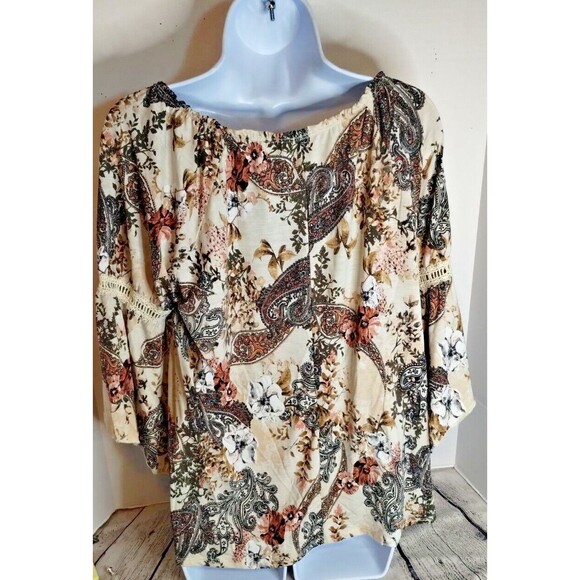 Naif Womens Large Beige Floral Blouse Top Boho Wide Arm Paisley Floral Print - Picture 9 of 13